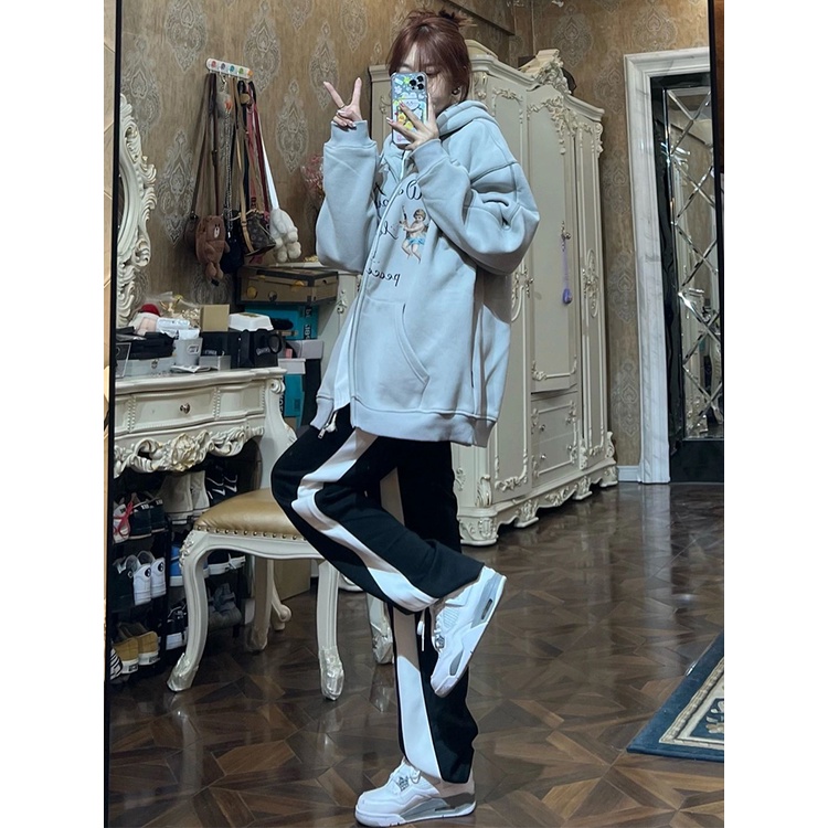 Quần Dài Lưng Cao Hoạ Tiết Kẻ Sọc Thiết Kế Dáng Rộng Thoải Mái