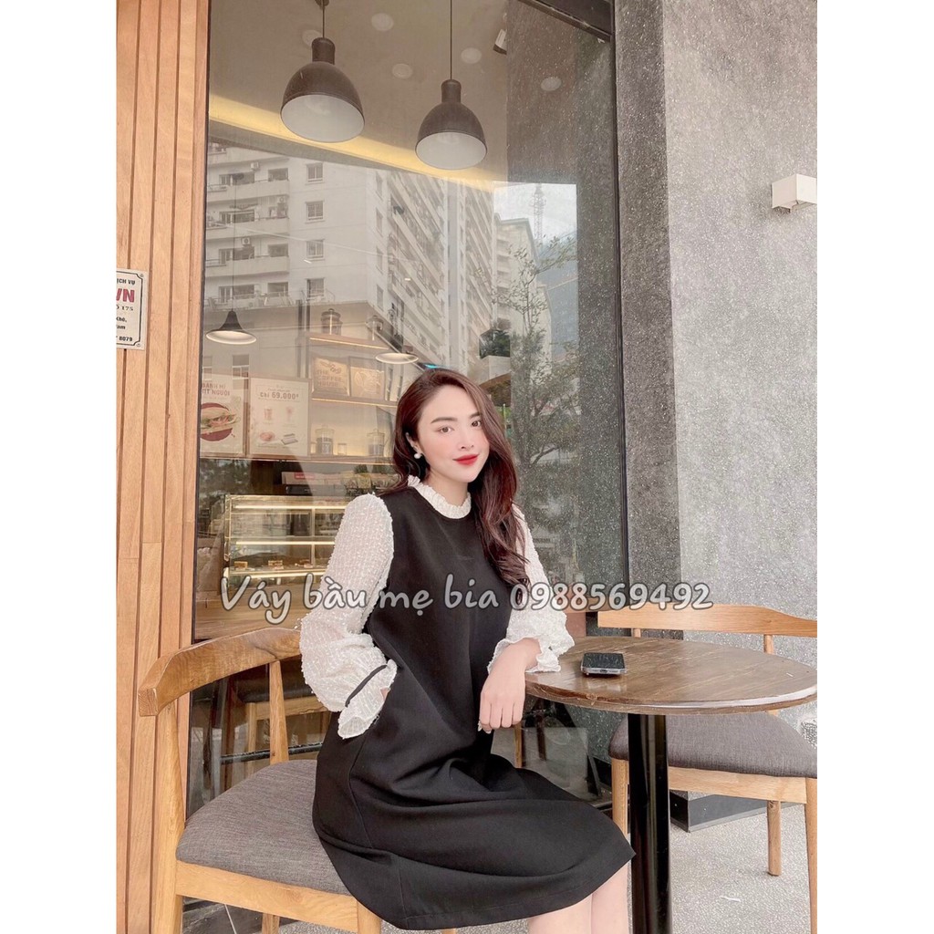 Váy bầu bigsize -Đầm bầu thiết kế GuMe màu đen phối tay trắng, cổ trắng bèo nhẹ nhàng size 40-100kg  MB251 - ảnh thật