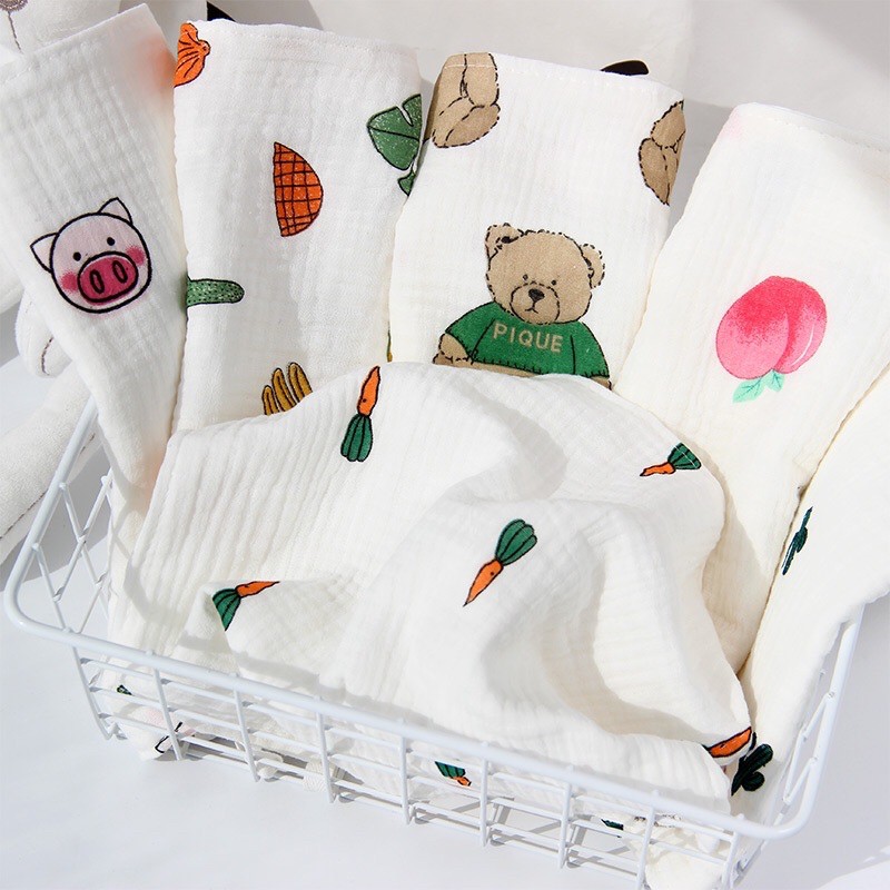 Set 10 cái khăn xô 2 lớp hoạ tiết cho bé - Khăn sữa cho bé - Có bán lẻ 1 chiếc hoặc set 5 chiếc