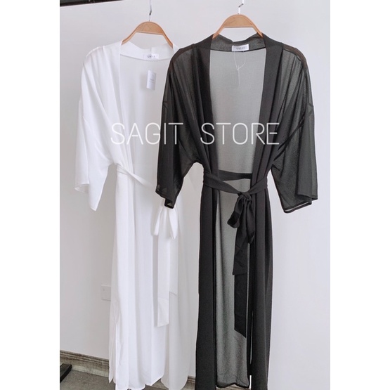 ÁO KHOÁC KIMONO ĐI BIỂN ĐEN TRẮNG DÁNG DÀI RỘNG KÈM ĐAI EO FREESIZE 45-85kg