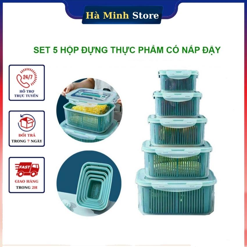 Sét 5 hộp đựng đồ, thực phẩm bảo quản trong tủ lạnh có nắp đậy quai xách kèm rổ combo 5 hộp đựng thực phẩm hà minh store