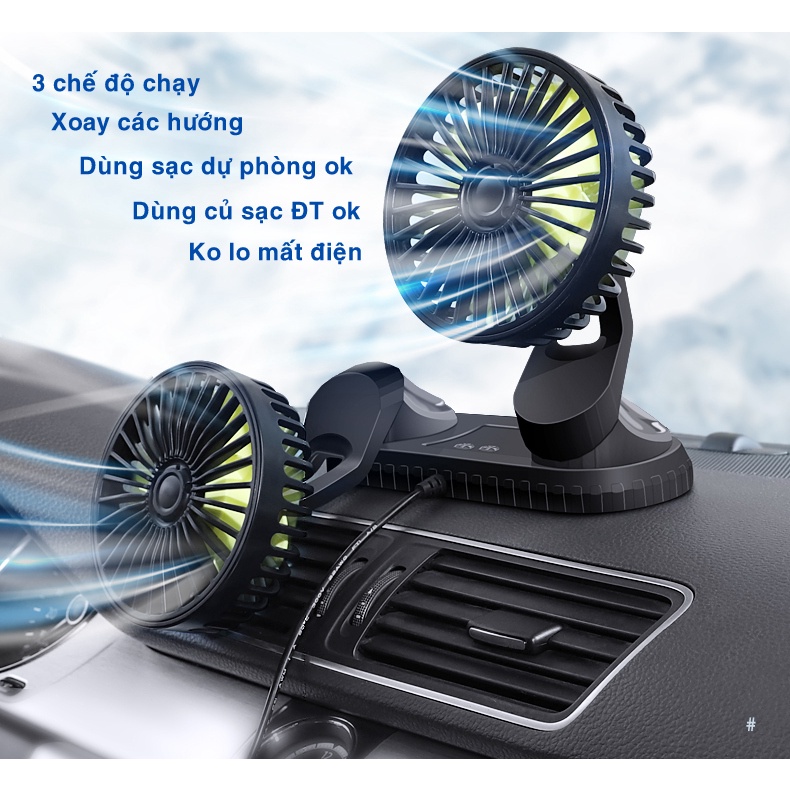 Quạt Đôi Mini 360 Độ Công Suất Lớn F404, Để Trong Ô Tô, Để Bàn Làm Việc