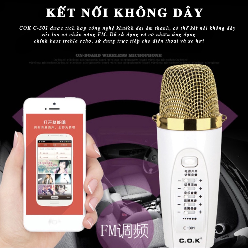 Micro Karaoke không dây COK C301- Kết Nối Bluetooth- Full Box, Mới 100%- Hàng Chính Hãng