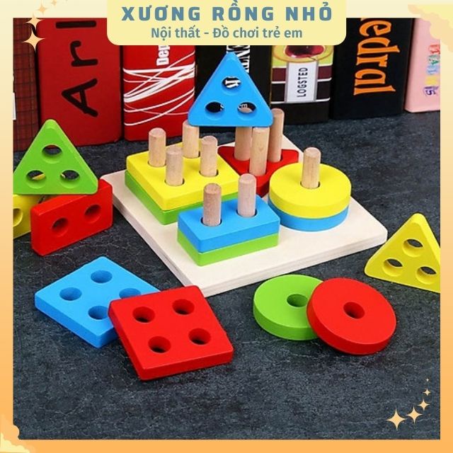 Bộ thả hình khối 4 trụ, Đồ chơi gỗ thông minh cho bé, giáo cụ montessori - Xương Rồng Nhỏ