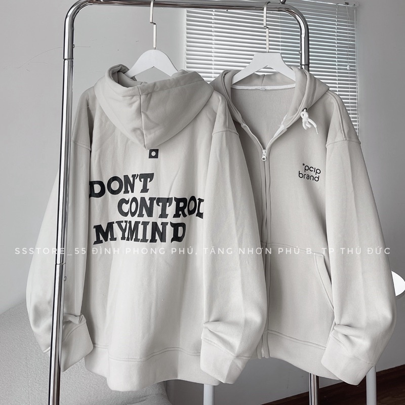 Áo khoác hoodie zip in chữ PCIP màu xám khói có nón vải nỉ bông màu xám form rộng unisex nam nữ - SSSTore