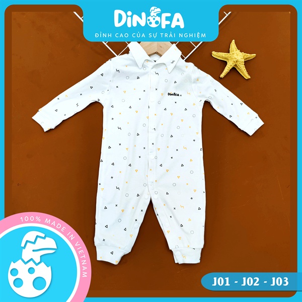 Jumpsuit cho bé DINOFA, Bodysuit dài tay cho bé 100% cotton, quần áo sơ sinh, màu trắng, họa tiết ziczac từ 0-9M_J01-J03