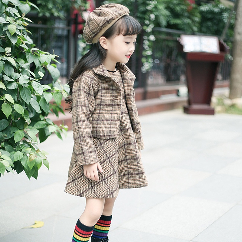 Set Áo Khoác Len + Đầm Sát Nách + Mũ Thời Trang Mùa Thu Cho Bé Gái