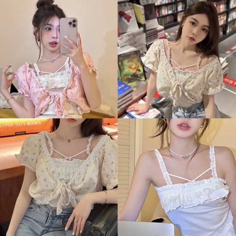 Set áo hai dây nữ trơn ren kèm áo khoác cardigan tay ngắn buộc ngực croptop hoa nhí - Order taobao quảng châu