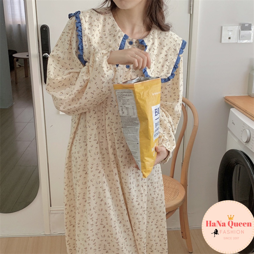 Váy mặc nhà dài tay cổ thuỷ thủ hoạ tiết hoa nhí phong cách Hàn Quốc [Hàng có sẵn]