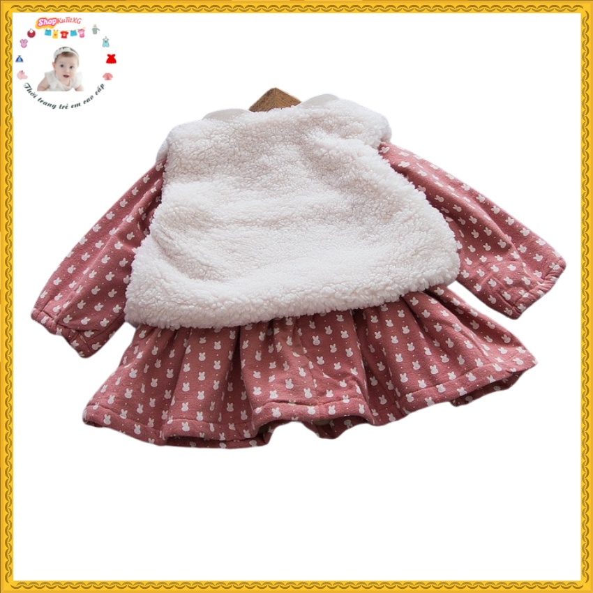 Váy mùa đông bé gái -Váy lót lông họa tiết thỏ kèm áo gile lông size 9-17kg SV16