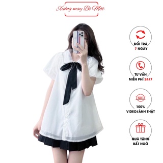 Áo babydoll voan cổ bèo viền ren thắt nơ dáng xòe,Áo Sơ mi nữ kiểu tay bồng cổ nơ cực xinh_SM Thắt Nơ