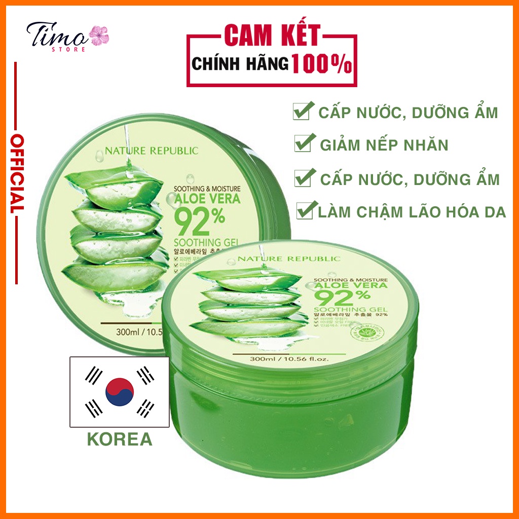 Gel lô hội Nature Republic 300ML cấp nước dưỡng ẩm cho da, giúp giảm nếp nhăn Soothing &amp; Moisture Aloe Vera 92% | TM033