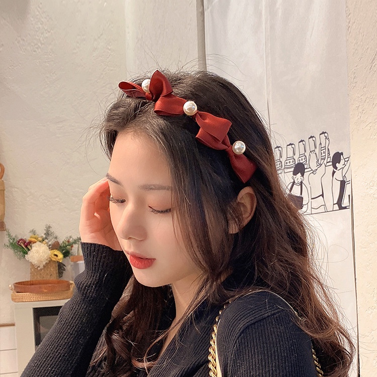 Băng đô đính nơ và ngọc trai giả phong cách Hàn Quốc