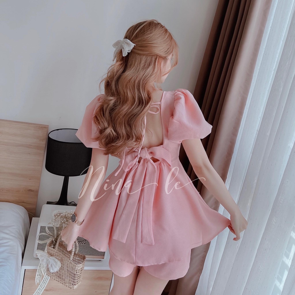 Sét bộ áo tay phồng cổ vuông phối quần đùi màu sắc dịu dàng (Hồng, Xanh, Trắng) thời trang nữ dự tiệc, đi chơi
