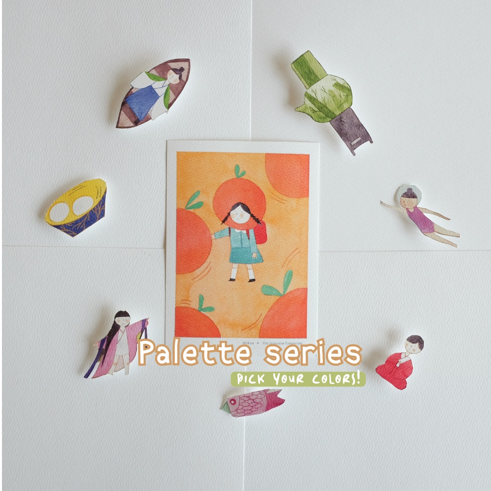 Set Postcards thay thế cho sổ Palette series  16 thiết kế phác họa văn hóa Nhật Bản đầy màu sắc