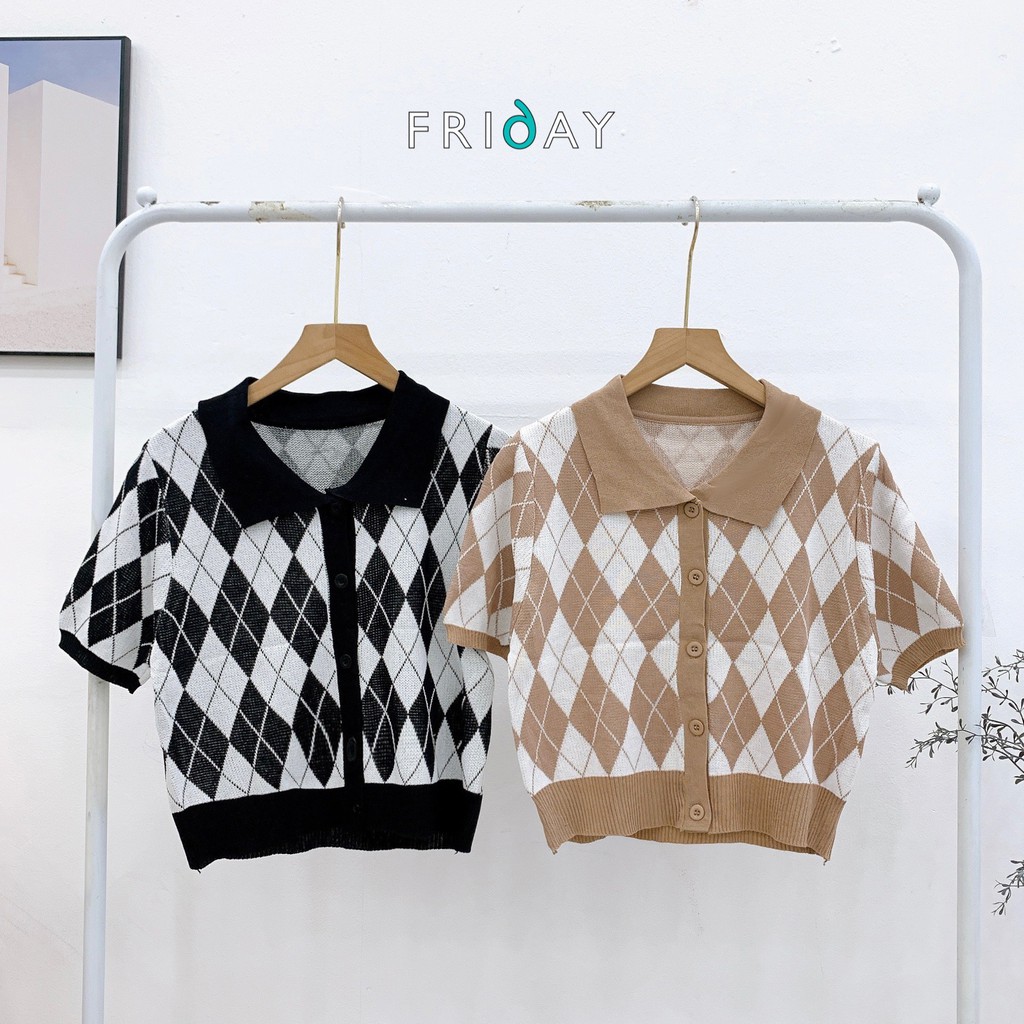 Áo len croptop họa tiết trám cổ polo hàng thu mới về Friday