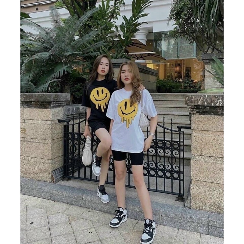 Áo thun tay lỡ cổ tròn mặt cười chảy unisex nam nữ