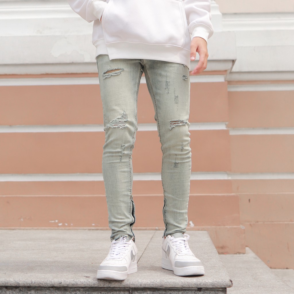 QUẦN SKINNY JEANS RÁCH CÓ ZIP MÀU XANH BẠC | BigBuy360 - bigbuy360.vn