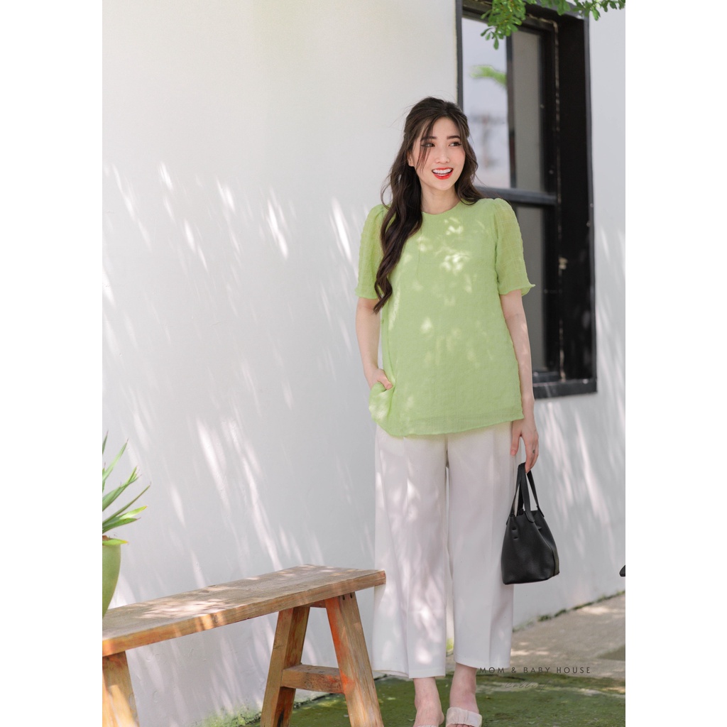 EVERMOM | Áo bầu tay phồng xanh cốm trẻ trung