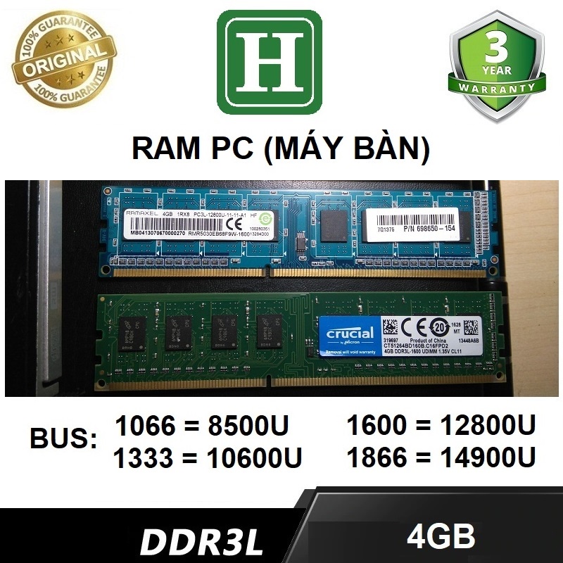 Ram PC DDR3L  4Gb bus 1600 - 12800U, ram zin máy đồng bộ siêu bên và ổn định, bảo hành 3 năm