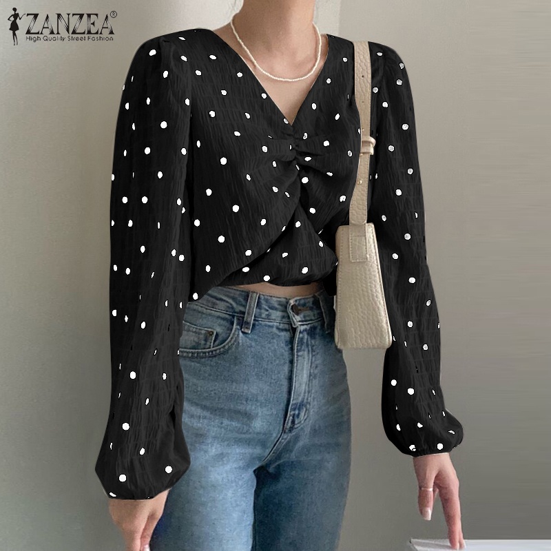Áo ZANZEA tay dài cổ chữ V họa tiết chấm bi xinh xắn cho nữ