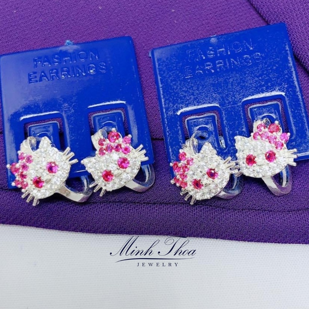 Bông tai kitty bạc bé gái, hoa tai bạc trẻ em hình mèo kitty đính đá trang sức Minh Thoa JEWELRY