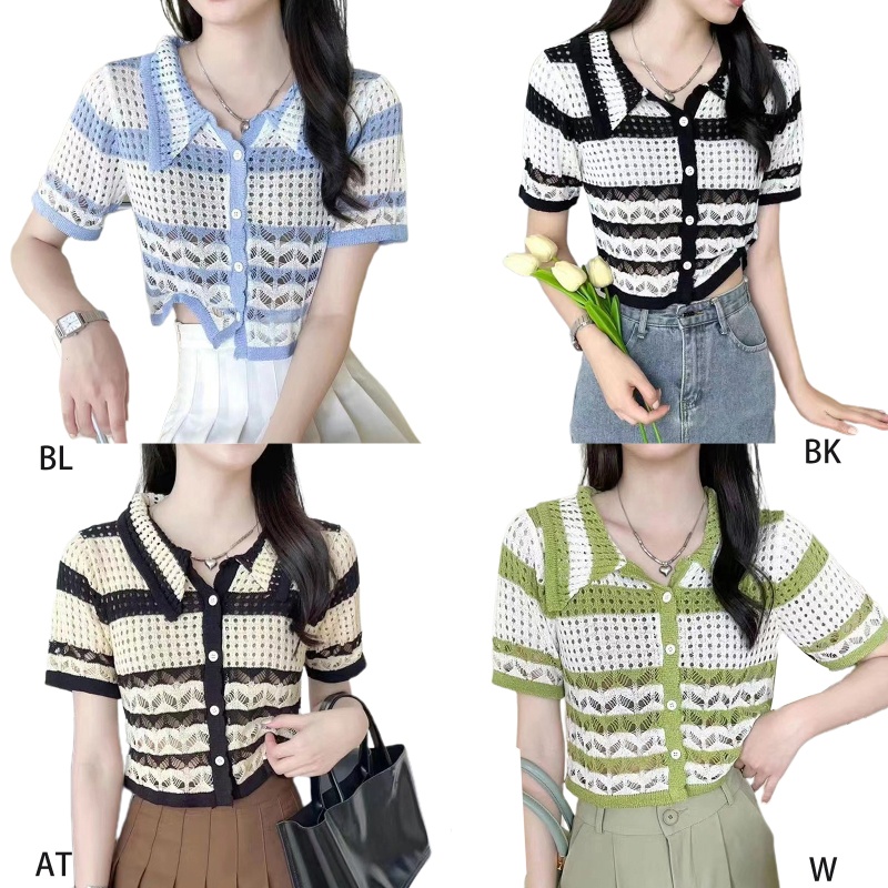 Áo Khoác Cardigan Dệt Kim Cài Nút Tay Ngắn Họa Tiết Kẻ Sọc Thời Trang Mùa Hè Cho Nữ
