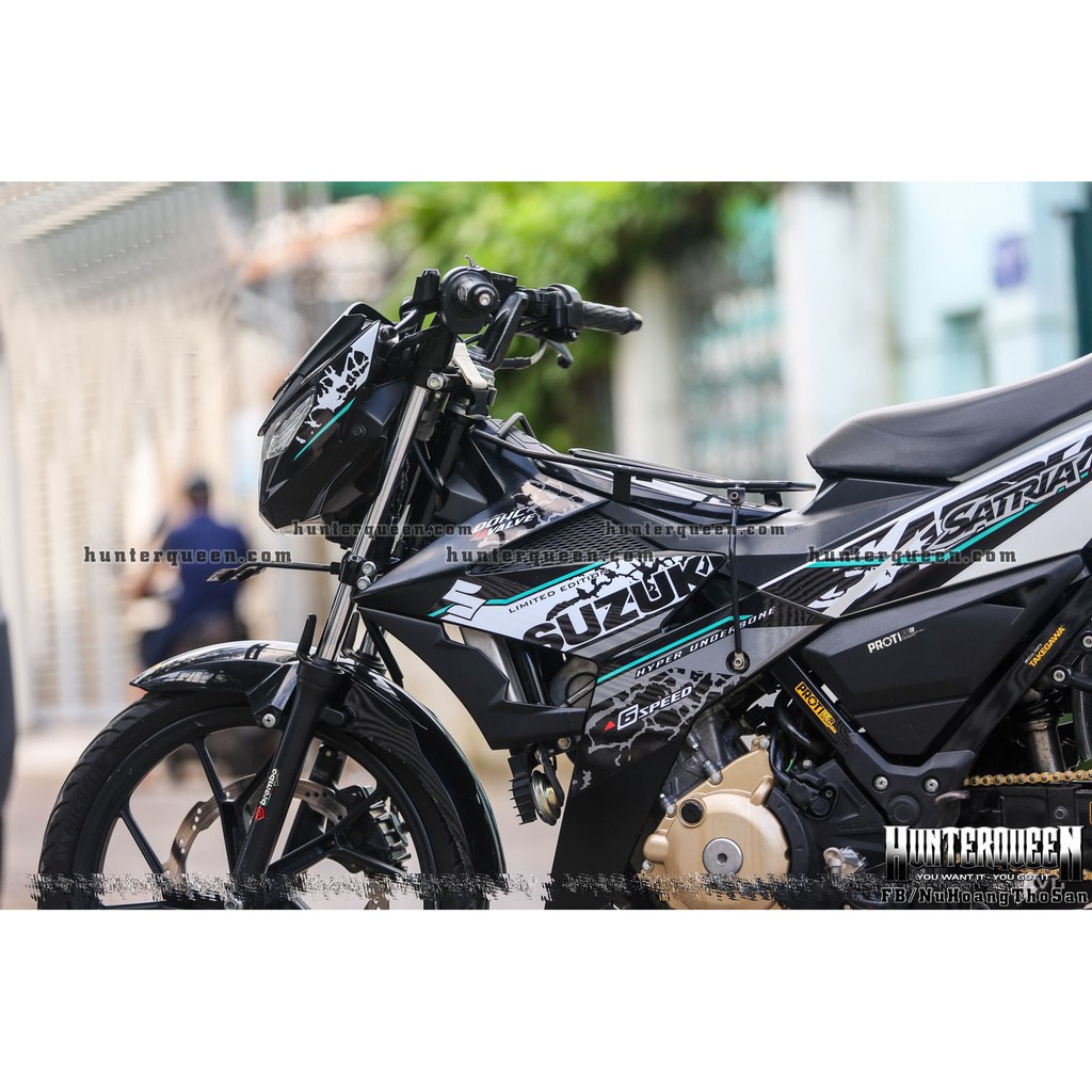 Tem rời dán xe Raider FI. Dán xe đen trắng, chữ Satria F150, sọc xanh ngọc