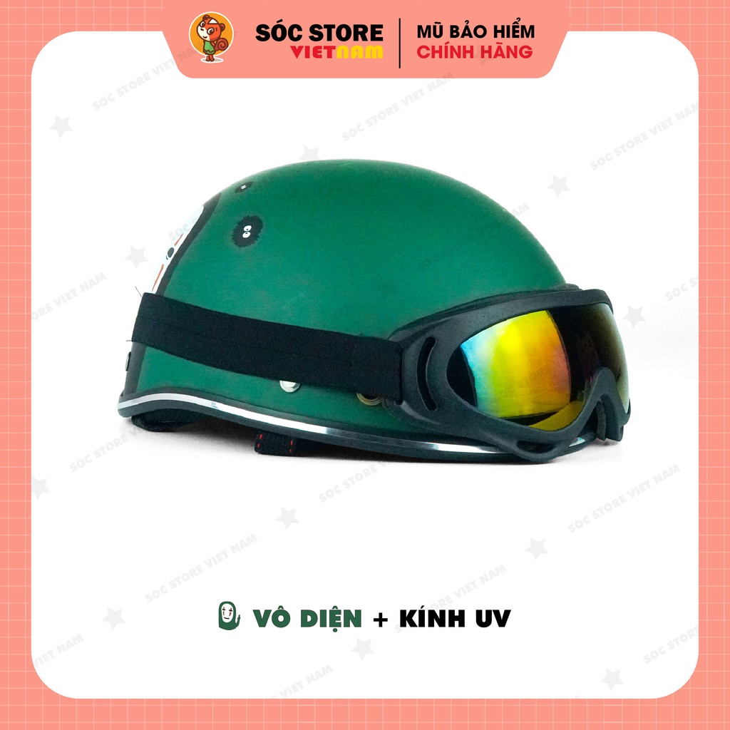Mũ bảo hiểm nửa đầu chính hãng in hình Vô diện Sóc Store xanh rêu, nón bảo hiểm 1 phần 2, kèm kính UV, kính phi công