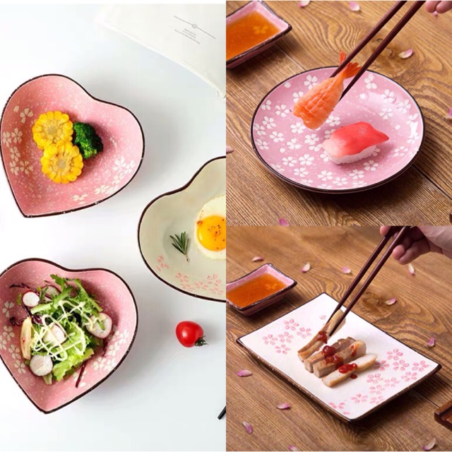Bộ bát đĩa sứ hoa anh đào trắng hồng hoạ tiết nổi cao cấp
