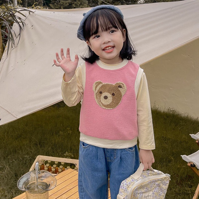 Áo kiểu sát nách thêu họa tiết gấu hoạt hình phong cách Hàn Quốc xinh xắn dành cho bé gái