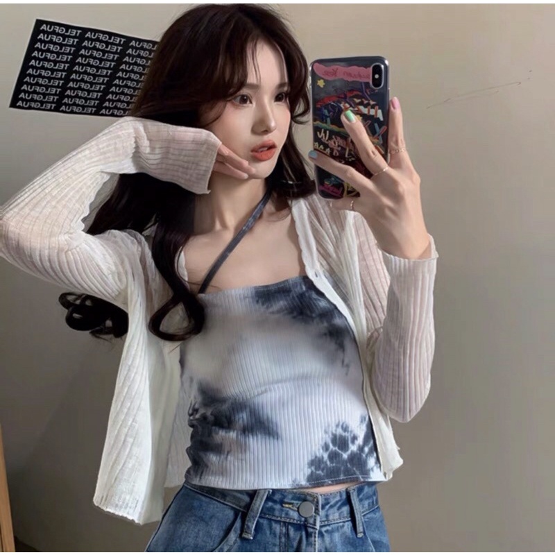 Áo khoác cardigan mỏng cổ tim 1 khuy phối áo 2 dây chéo lệch kiểu dáng Hàn Quốc phong cách ulzzang