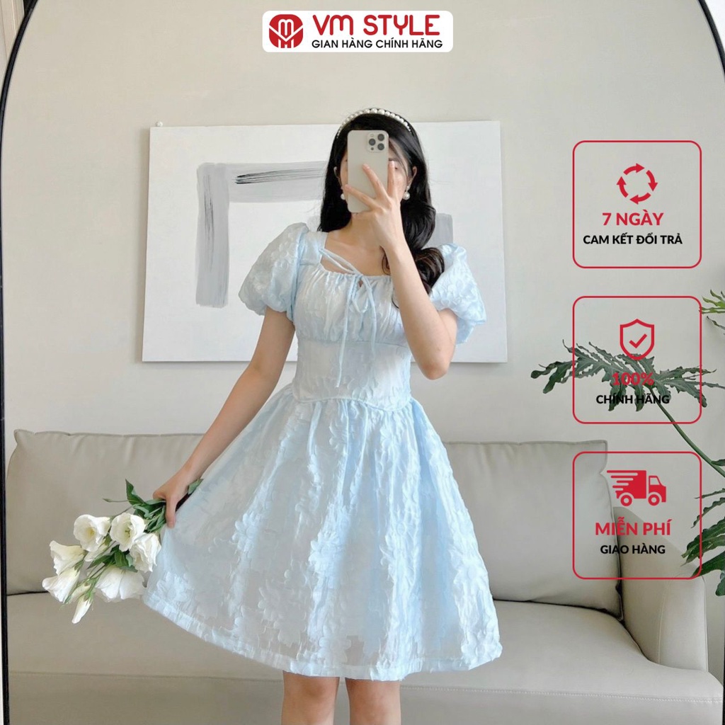 Đầm voan hoa nổi VMSTYLE tay phồng bo eo thắt nơ dây rút ngực Y163 22VD01Y011301