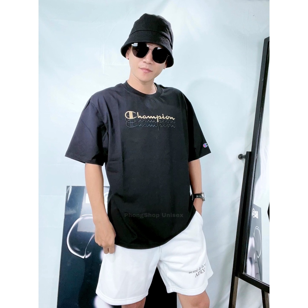 Áo thun Champion Logo thêu 3 line, Áo thun Unisex tay lỡ nam nữ Form rộng Oversize chất Cotton