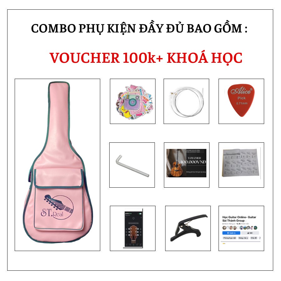 [MÃ giảm 40K]Đàn Guitar Mini Acoustic Mã Pink DC-02 Chính Hãng ST.Real Guitar Sài Thành Kích Thước 80cm Size 1/2