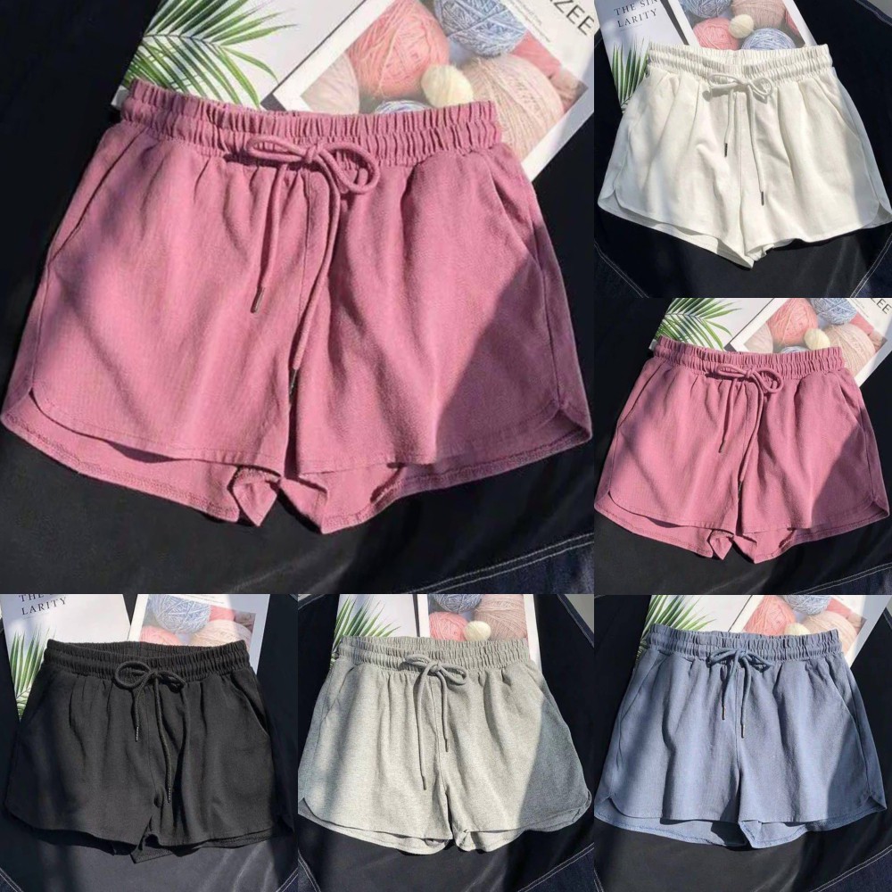 Quần ngắn ống rộng màu trơn dây rút phong cách hè cho nữ