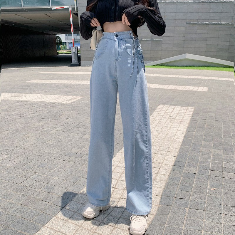 Quần Denim Ống Rộng Lưng Cao Có Dây Xích Thời Trang Mùa Hè 2021 Cho Bạn Nữ, Quần Denim Ulzzang Style Ngọc Trinh