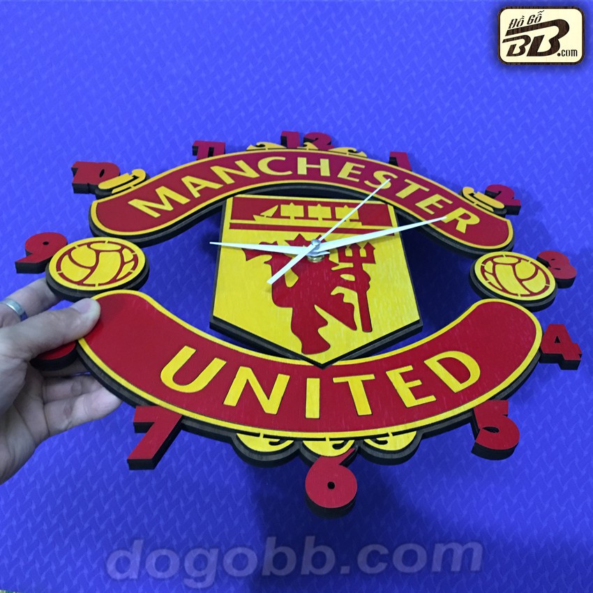 [Giảm giá thần tốc] 40cm Đồng Hồ MU Bóng Đá Logo Clb Manchester United Treo Tường Gỗ Bền Rẻ Đẹp Bản Màu Đỏ Vàng - Đồ Gỗ