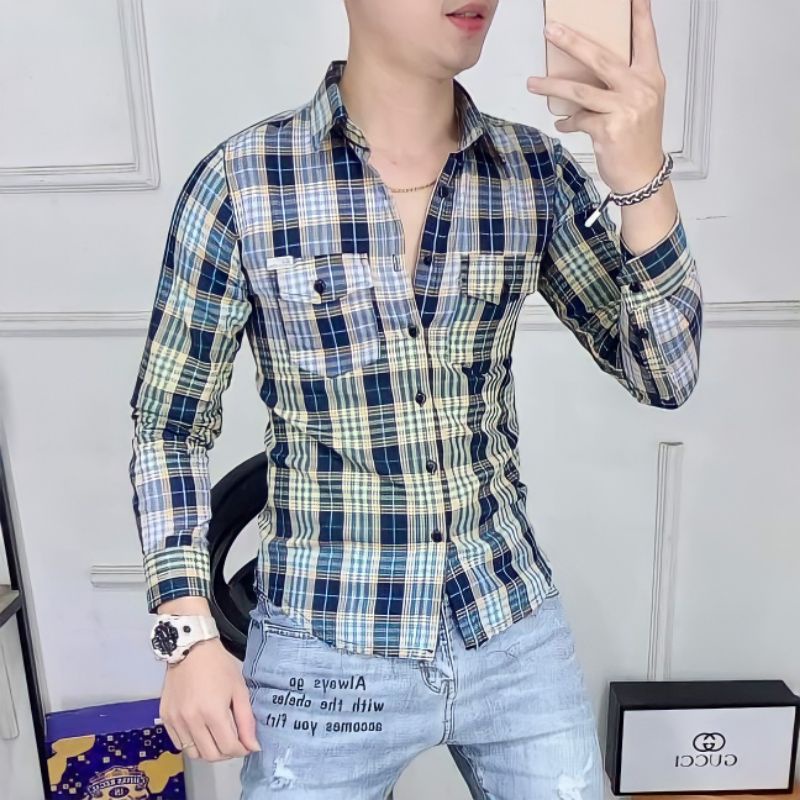Áo sơ mi nam bbr dài tay kẻ sọc caro 2 túi ngực rách gấu bản cao cấp