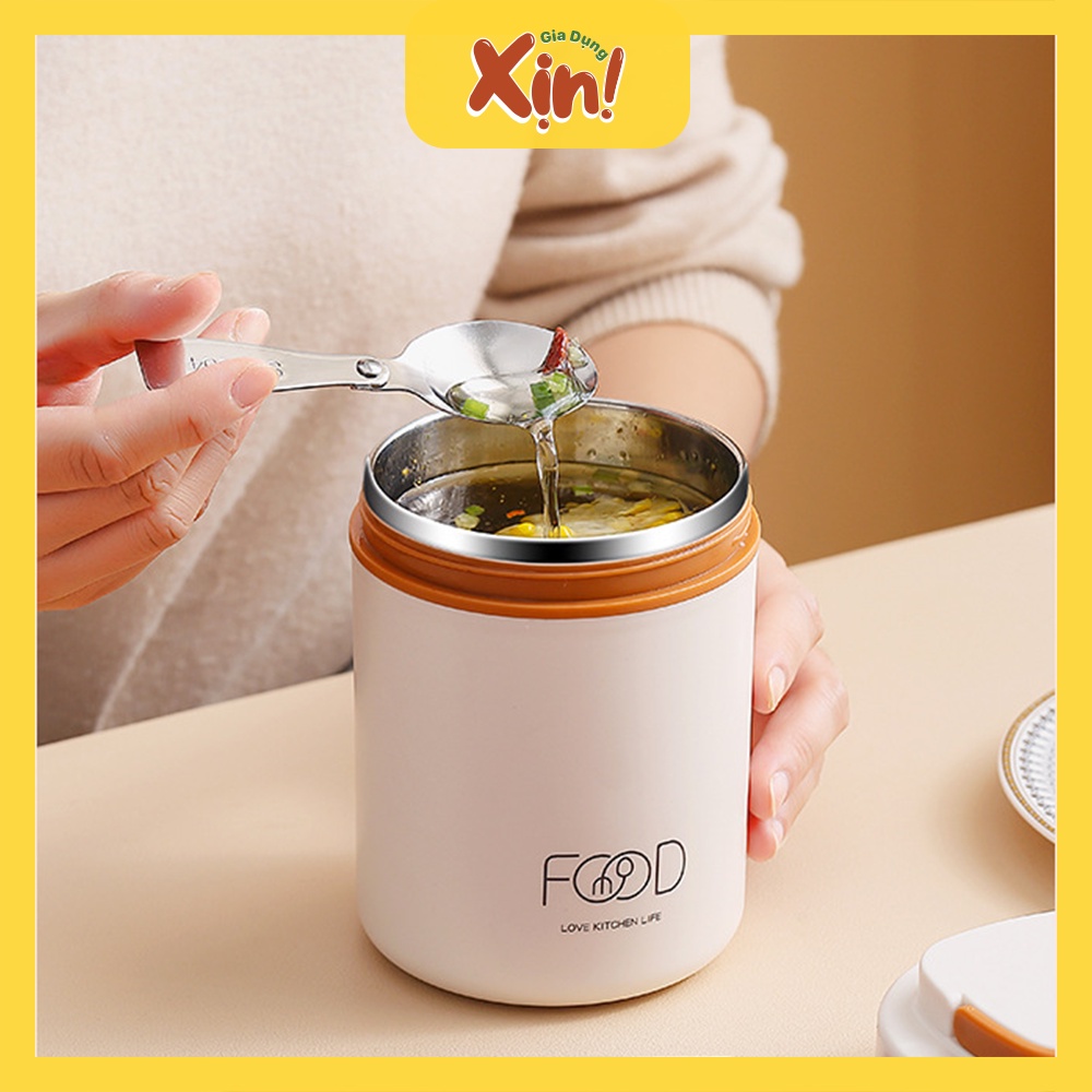 Bình ủ cháo FOOD 520ml, cốc đựng canh giữ nhiệt ruột inox 304 có quai xách tiện lợi, tặng kèm túi đựng và muỗng inox