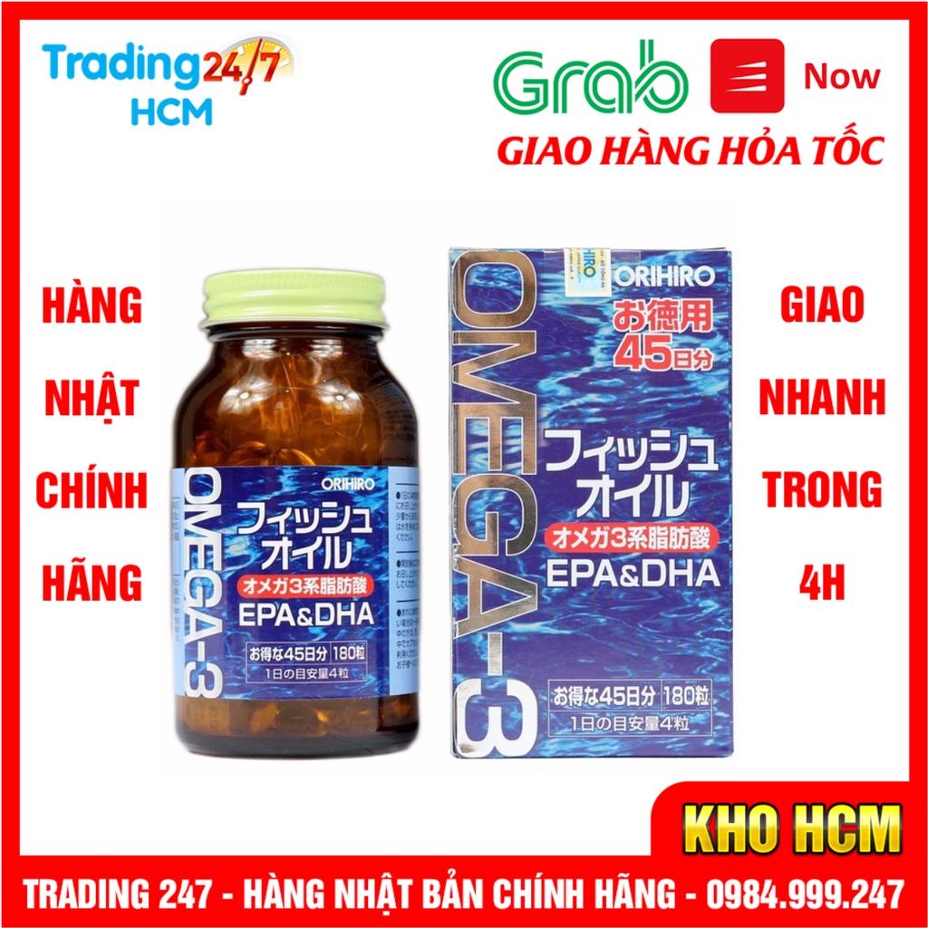 [Hỏa tốc HCM] Dầu cá Omega 3 Orihiro fish oil, Omega 3 EPA &amp; DHA Orihiro 180 viên Nhật Bản