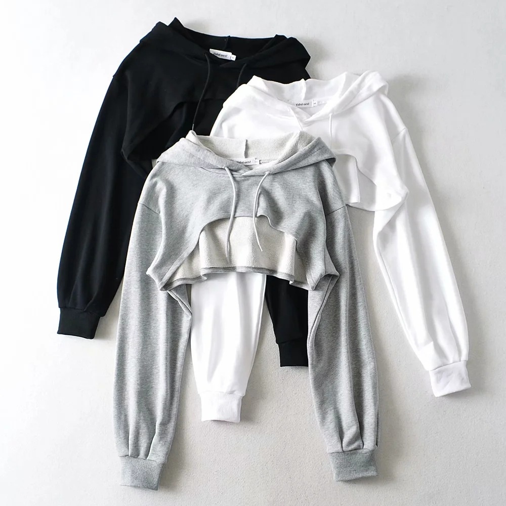 Áo Hoodie Siêu Ngắn Thể Thao Dây Rút Tay Dài Màu Trơn Cho Nữ