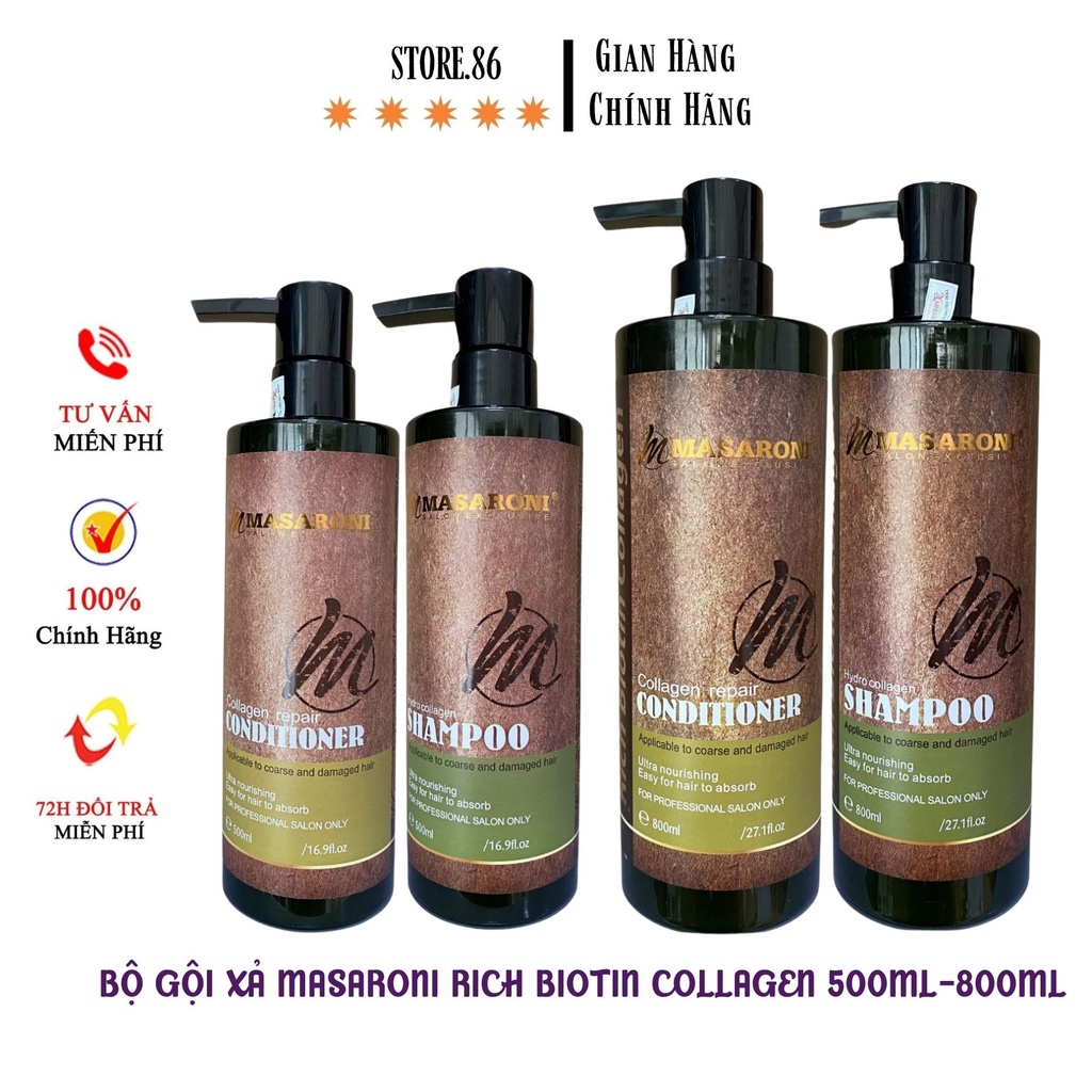 Dầu Gội MASARONI COLLAGEN BIOTIN REPAIR Hương Nước Hoa Phục Hồi Dưỡng Tóc Suôn Mượt cặp 500- 800ml hàng hiệu chính hãng