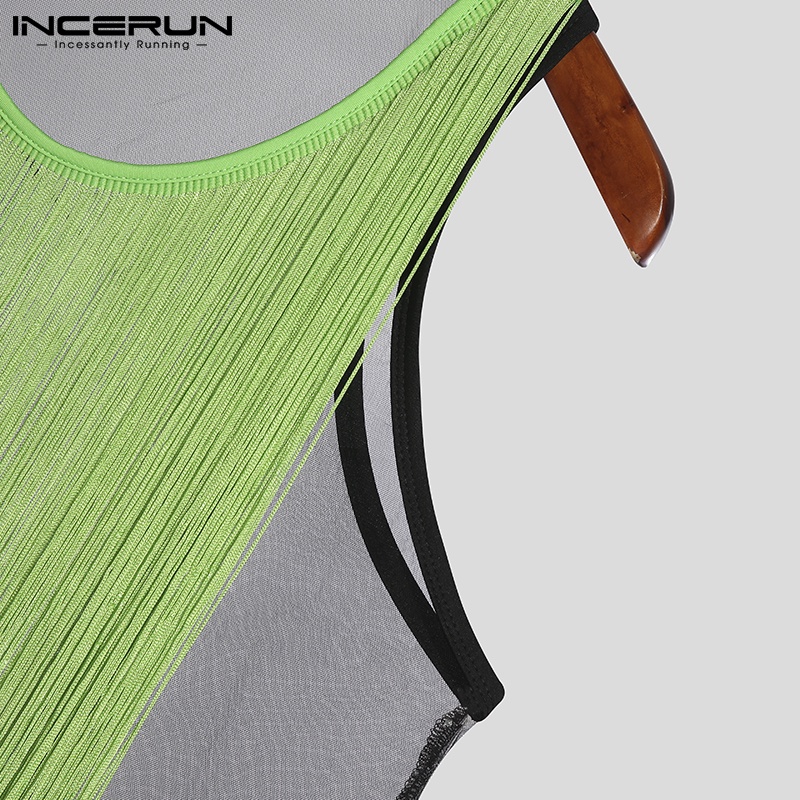 Áo tank top INCERUN cổ tròn phối tua rua xuyên thấu thời trang mùa hè cho nam
