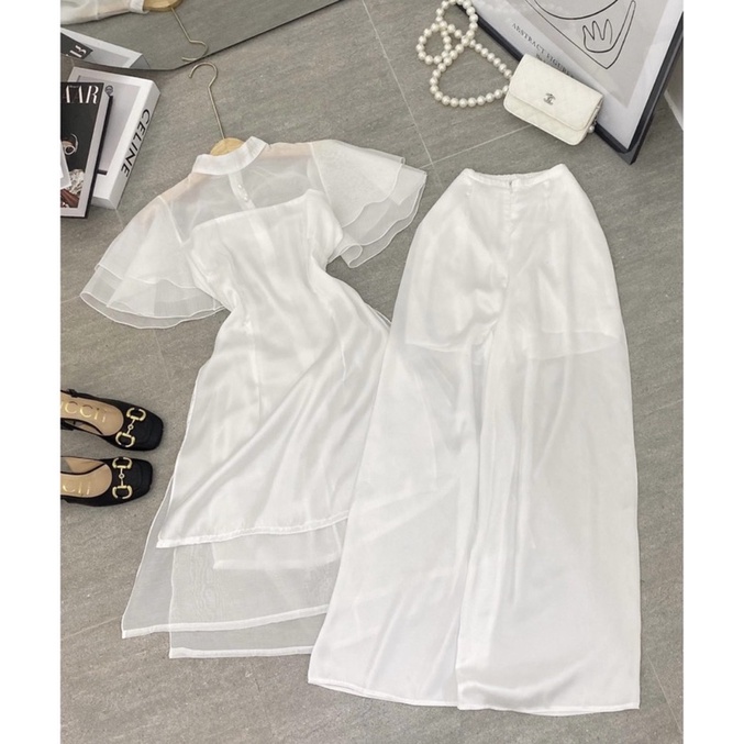 ÁO DÀI CÁCH TÂN TAY CÁNH TIÊN TRẮNG VẢI LỤA TƠ ÓNG SIÊU MỀM MỊN