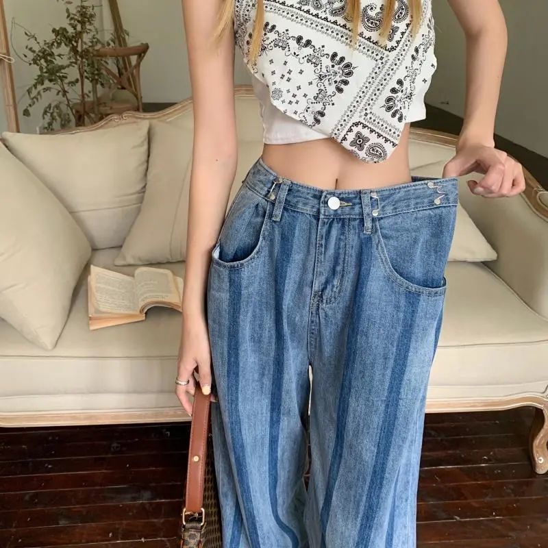 Jiashucheng Quần Jean Nữ Cạp Cao Ống Rộng Họa Tiết Sọc Ngang Phong Cách Hàn Quốc Mới