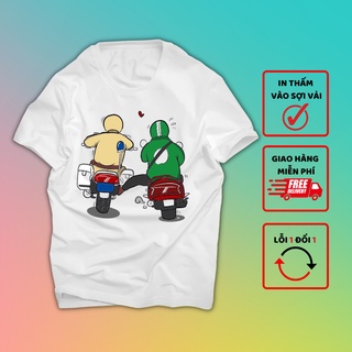 Áo Motor hài hước cổ tròn màu trắng - hình in thấm vào sợi vải, không bong tróc, không ra màu, in sắc nét, không phai