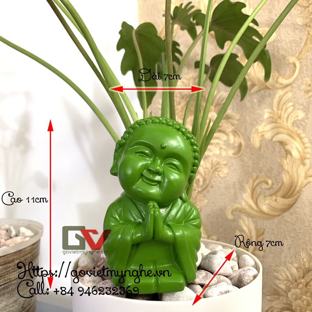 Tượng đá trang trí tượng Chú tiểu cười vui vẻ an nhiên - Chiều cao 11cm - Màu xanh lá