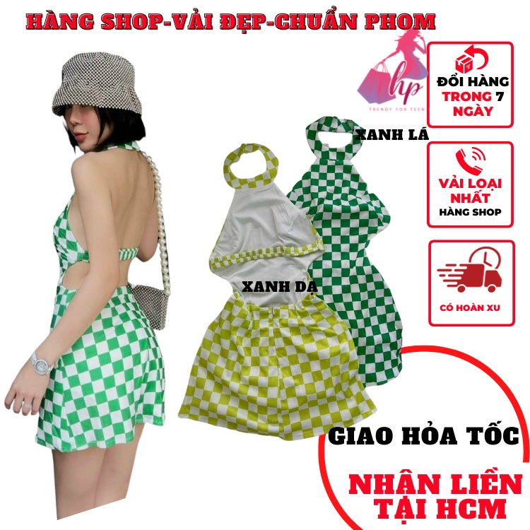 Váy cổ yếm nữ hở lưng  dáng xòe cài cúc thun gân, đầm  yếm sọc carô  phong cách sang chảnh hàn VD242