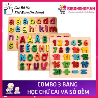 Bộ 3 bảng chữ cái tiếng việt in hoa thường và số đếm đến 20, đồ chơi gỗ an toàn cho bé